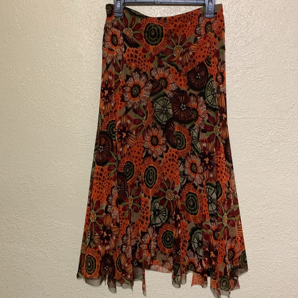 Tribal Skirt S Brown Red Orange Green Floral Mesh Like Shell Pull On Stretchy - Picture 11 of 16